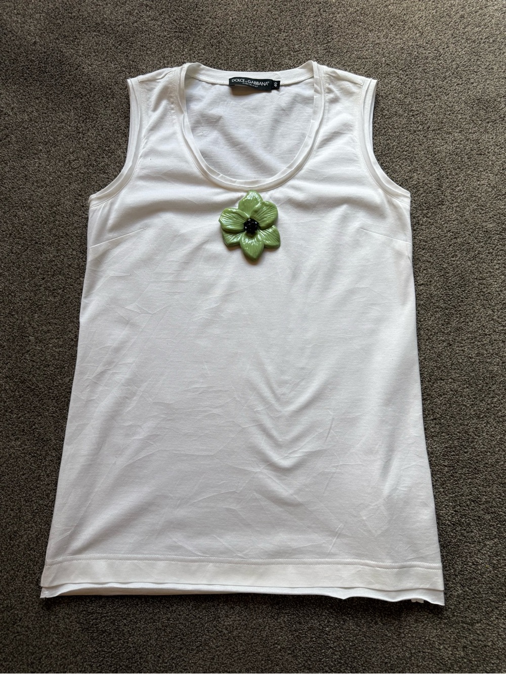 Dolce & Gabbana White Tank Top with Green Flower Detail